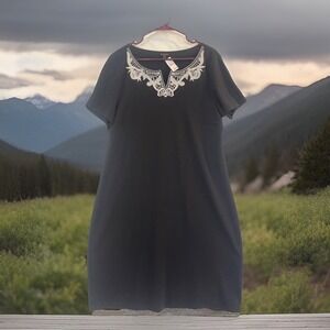 New Talbots Black Cotton‎ Dress White Lace Decor Women Sz XL Midi Short Sleeve